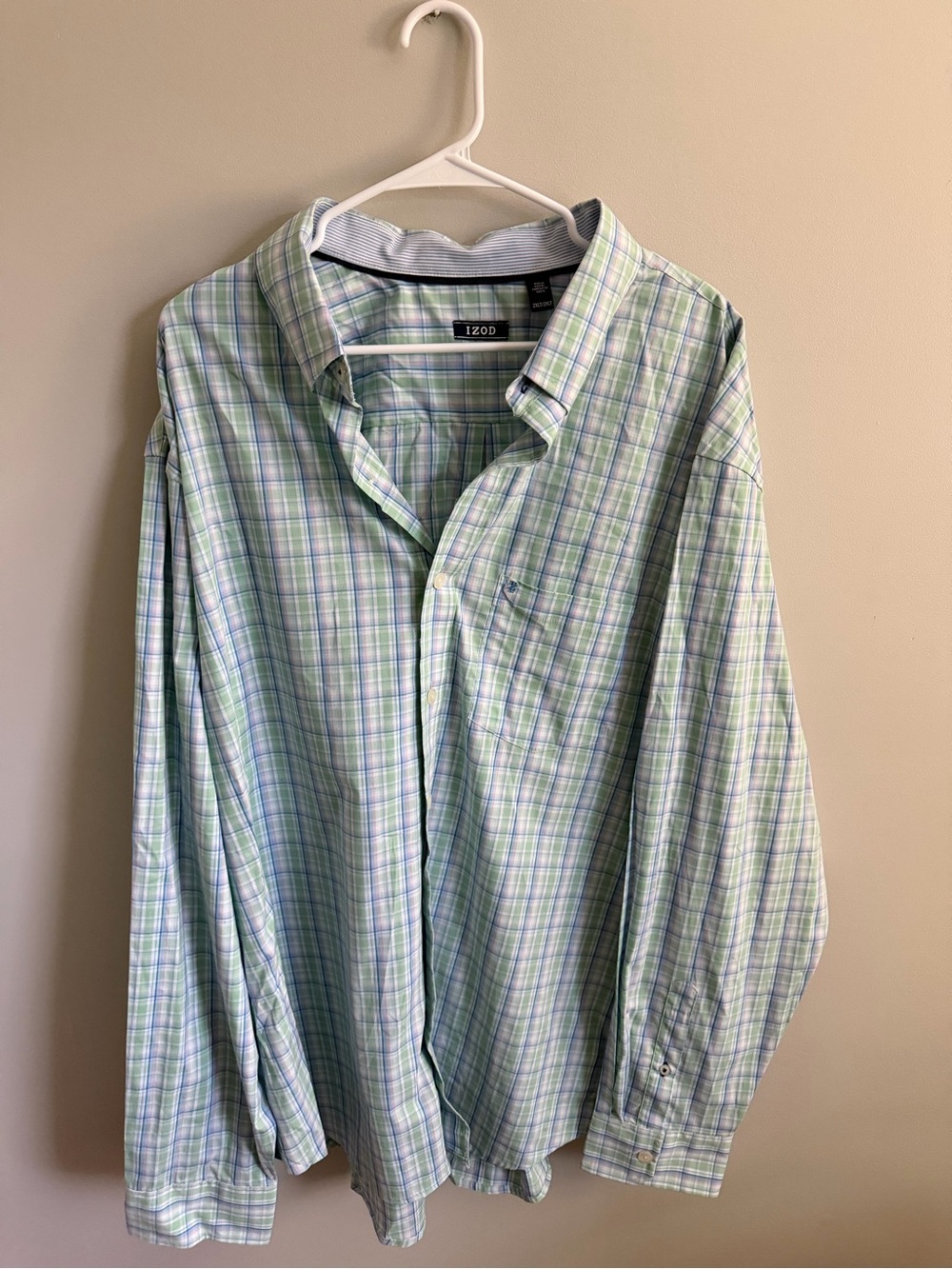 Izod Light Green and Blue Plaid Long-Sleeve Button-Down Shirt